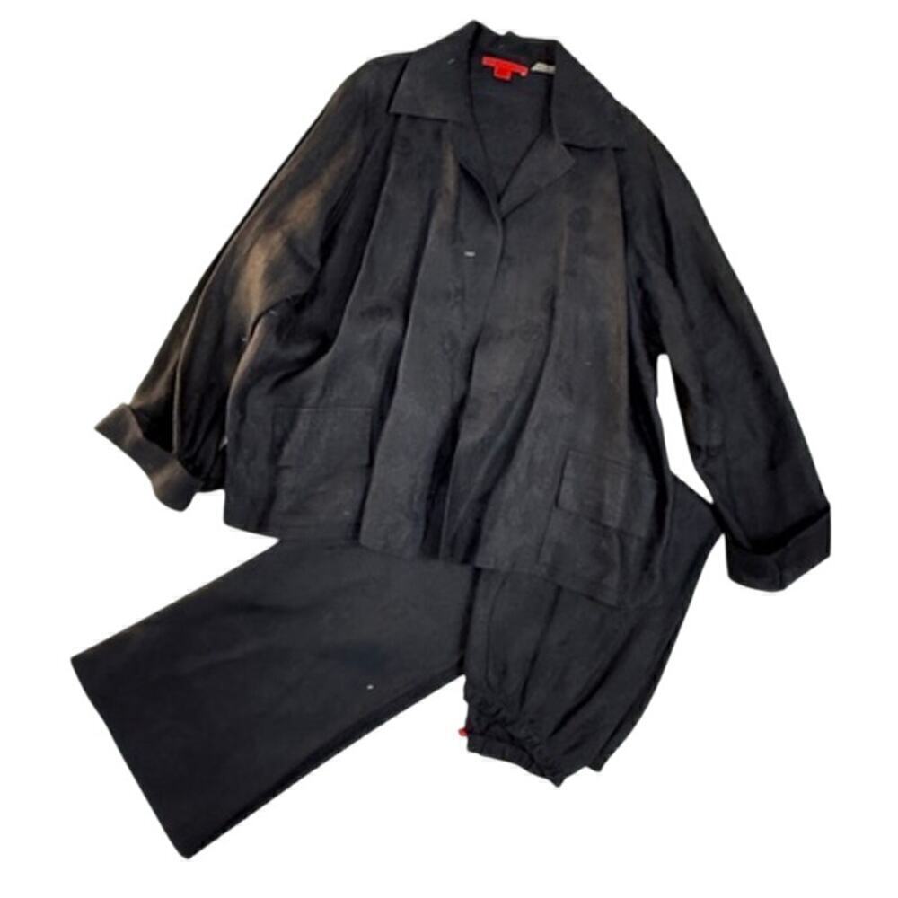 VTG Shamask Black Linen Floral Damask Pant Suit Bergdorf Goodman Sz 2 L/XL